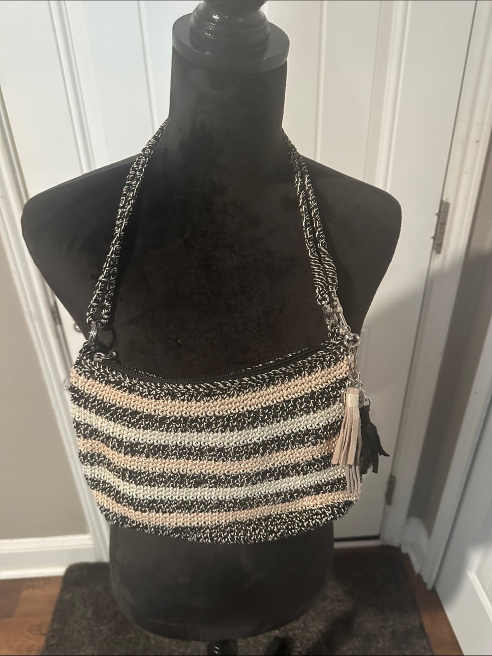 Striped Knit Shoulder Bag in Black, Cream & Taupe